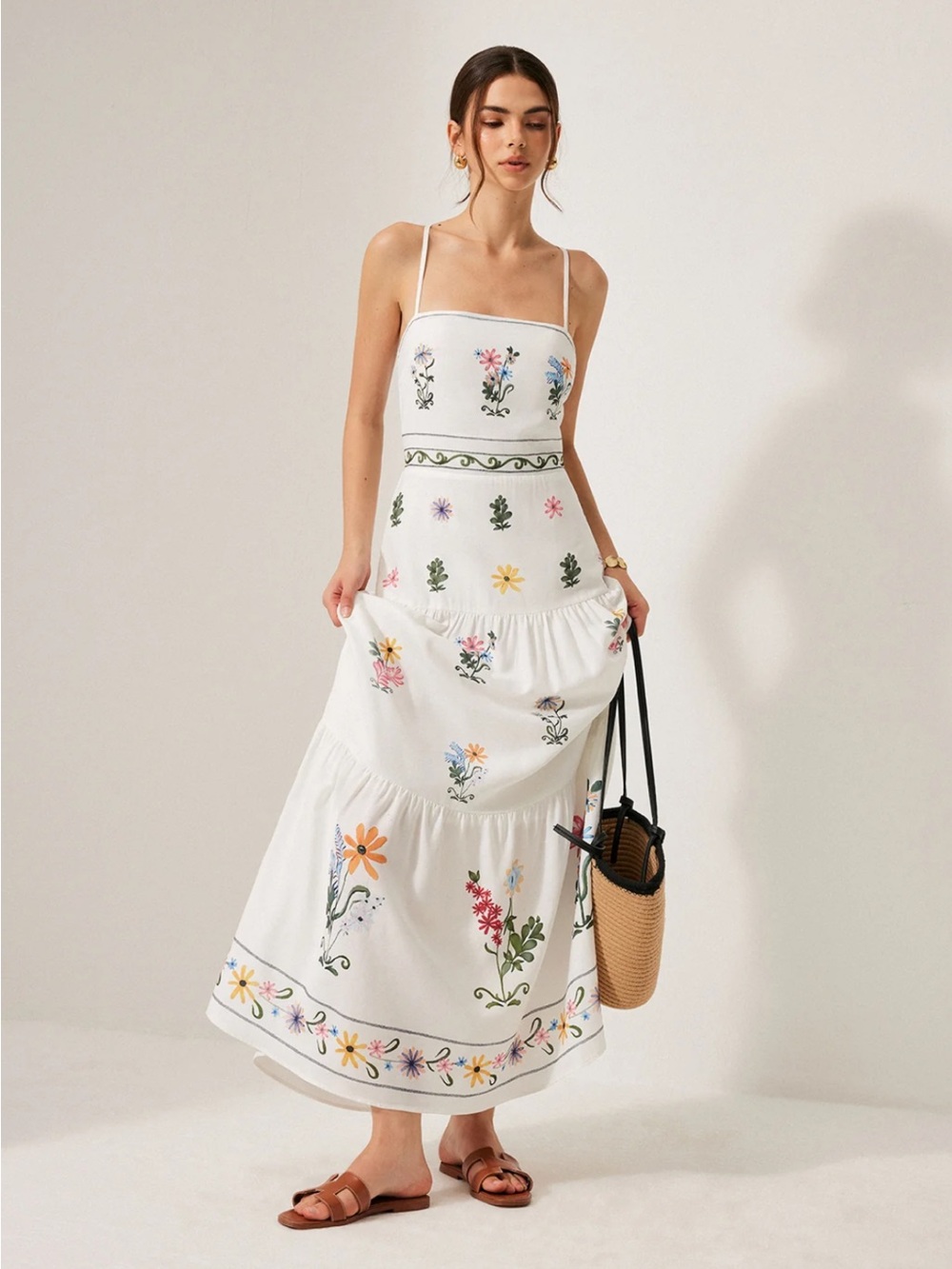 White Floral Embroidered Tiered Maxi Dress